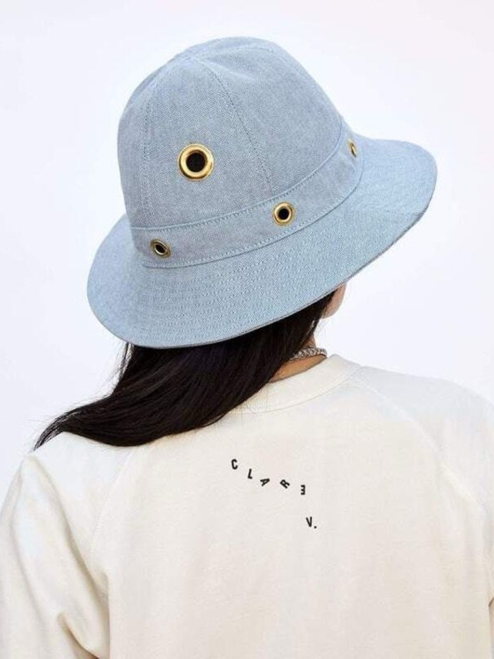Clare V Light Blue Denim Bucket Hat with Gold Eyelets